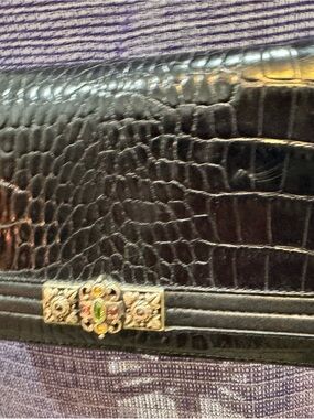 Brighton Black Croc-Embossed Crossbody with Jeweled Gold-Tone Clasp